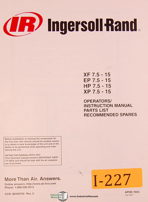 Product picture Ingersoll rand XF7.5 operator and parts manual