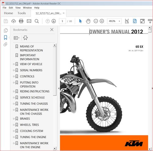 Product picture KTM 65sx owners manual. 2012