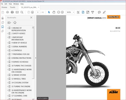 Product picture KTM 65sx owners manual 2015