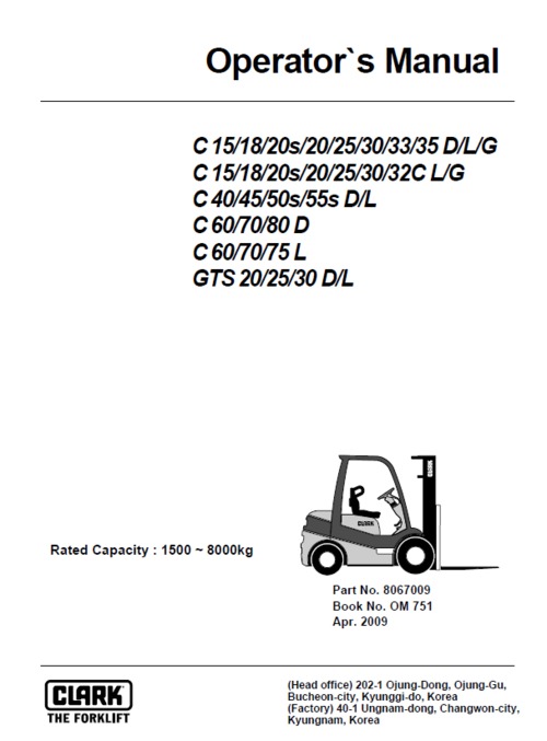 Product picture Clark  C15 thru to C80 D/L/G forklift operators manual